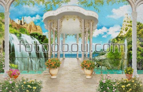 беседка, терраса, водопад, замок, горы, небо, облака