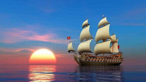 корабль, парусник, закат, море, природа, парусник