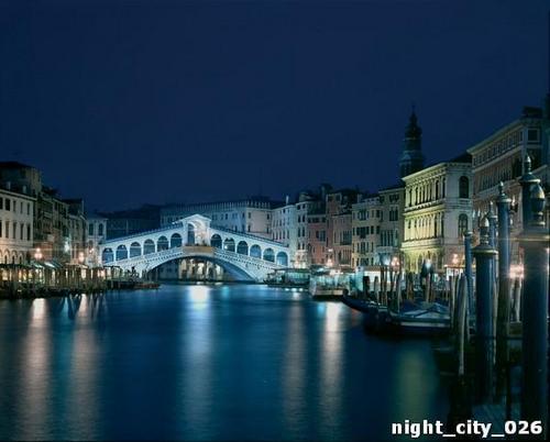 мост, ночь, река, небоскребы