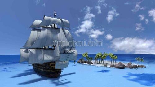 корабль, остров, парусник, море, природа