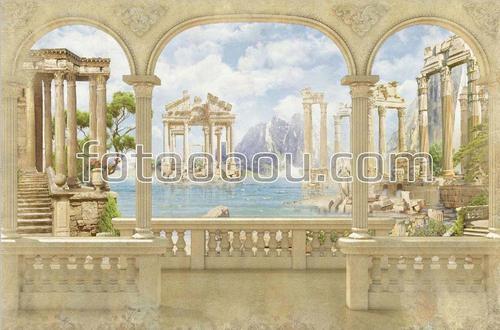 арки, архитектура, развалины, греция, горы, море, терраса