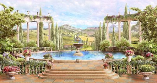 сад, парк, терраса, природа, фонтан, цветы