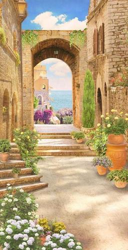 старый город, арка, дворик, улица, цветы