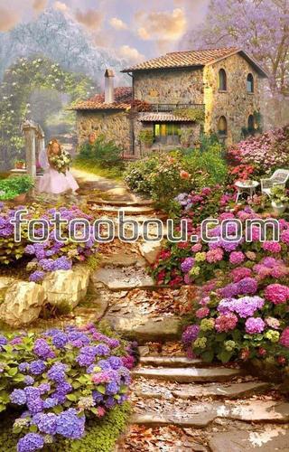 сад, аллея, домик, горы, девочка, цветы