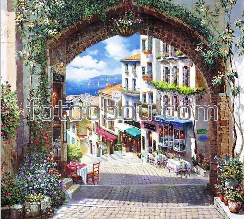 арка, город, море, ступени, улица