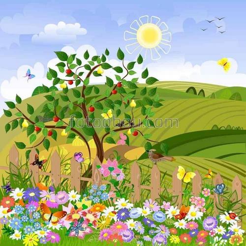 поляна, солнце, цветы, природа, деревья, бабочки