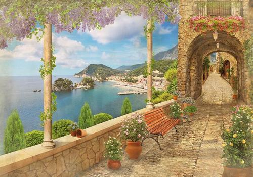 море, горы, терраса, цветы, арки, город, небо, облака