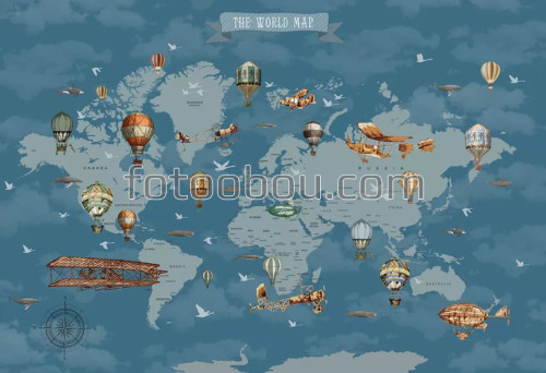 синий, карта мира, на стену,детская, корабли, воздушные шары, самолеты, Ворлд, World