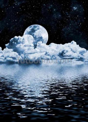 природа, луна, море, вода, небо, облака