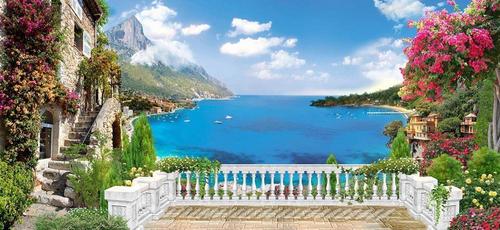 терраса, дворик, море, цветы, сад