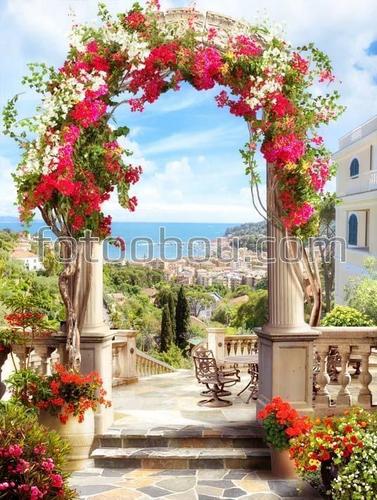 арка, цветы, море, вода, берег, лестница