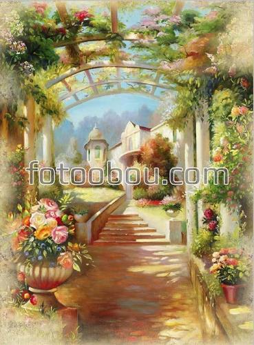 аллея, сад, цветы, домик, арка, розы