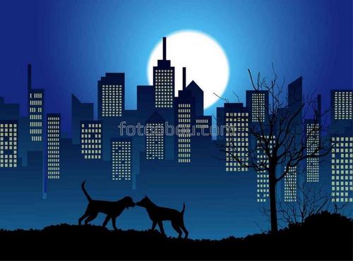 ночь, город, крыши, луна, коты