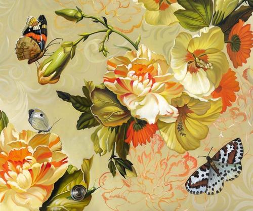 цветы, букет, бабочки, улитка