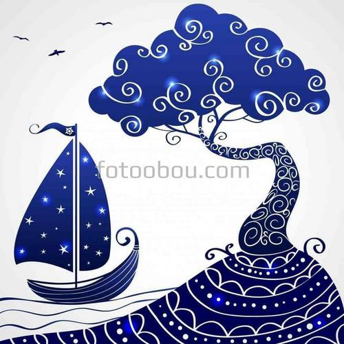 корабль, остров, дерево, абстракция