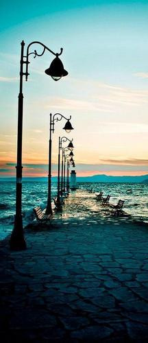 море, фонари, маяк, пирс, закат, небо