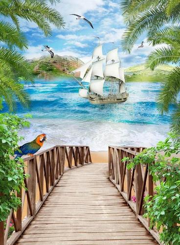 море, пляж, папугай, песок, корабль