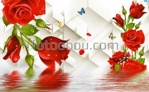 красные розы, бабочки, 3д, 3d, на стену, стена, дизайнерские