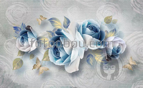Синие розы, холст, бутоны, 3д, 3d, на стену, стена, дизайнерские