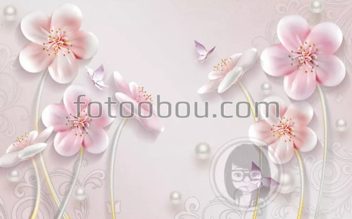 розовые цветы, 3д, 3d, жемчуг, бабочки, на стену, стена, дизайнерские