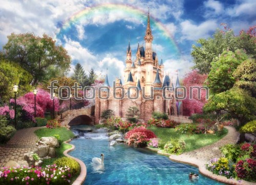 Замок дисней, замок, сказка, река, лебеди, олень, деревья, цветы