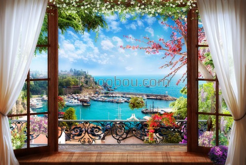 окно, порт, море, яхты, лодки, небо, сакура, дерево, цветы, голуби