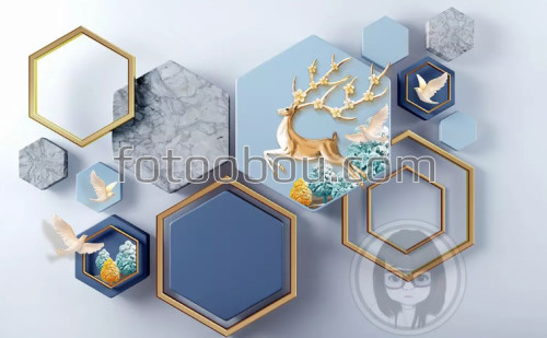абстракция, олени, птицы, 3д, 3d, на стену