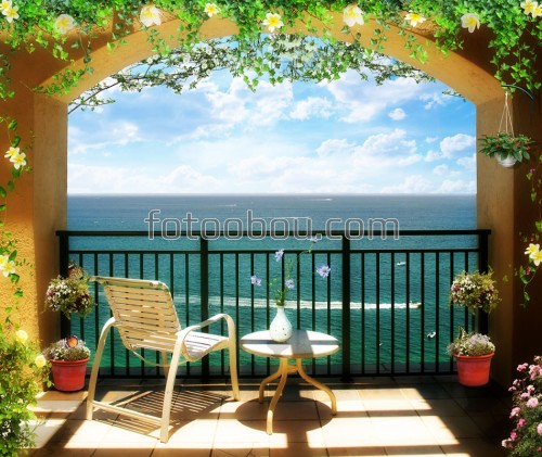 балкон, терраса, стул, столик, ваза, цветы, арка, море
