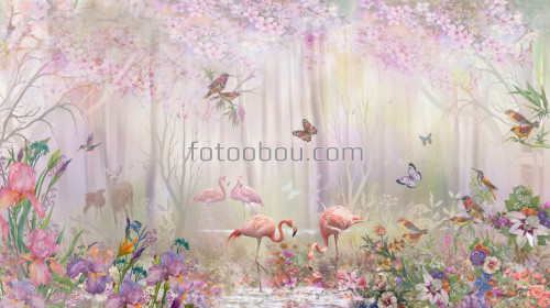 лес, птички, птицы, бабочки, олени, фламинго, цветы, нежность