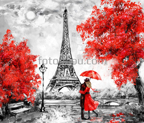 Париж, черно красный, влюбленная пара, осень, башня, деревья, живопись