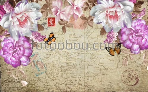 Цветы, бутоны, карта мира, бабочки, на стену, стена