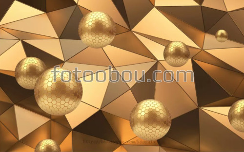 Золотая 3д стена, ромбы, треугольник, шары, золото