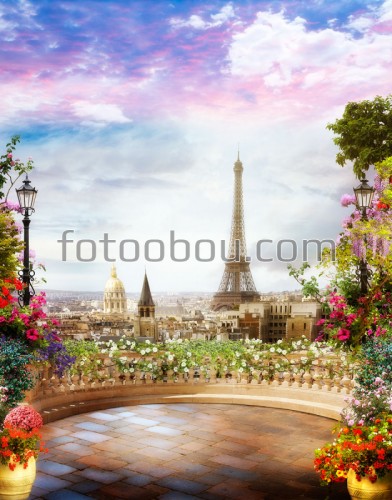 балкон, терраса, париж, башня, небо, облака