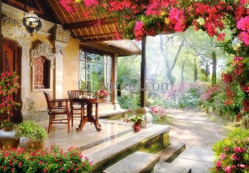 дом, терраса, столик, стул, лес, сад, цветы, деревья