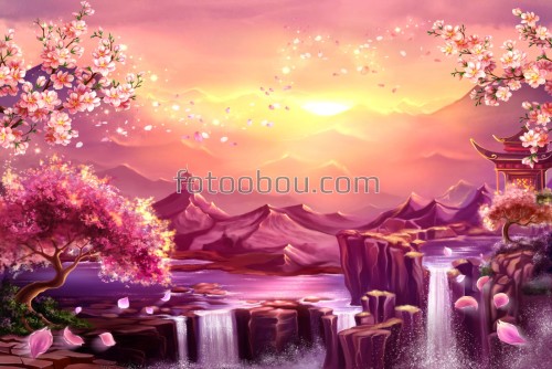 розовые водопады, китайский сад, закат, сакура, 3д, 3d, дизайнерские, на стену, стена