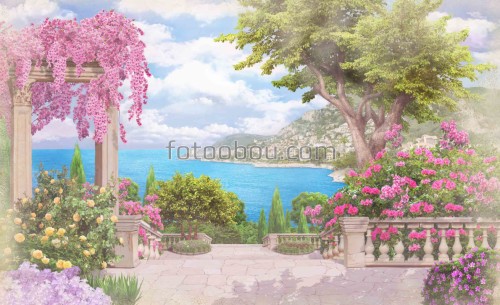 Сакура, TA441, море, вид на море, лестница, цветы, Сад Испании