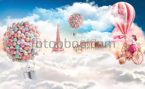 на стену, стена, приключение, воздушный шар, шарики, шары, замок, эйфелева башня, дизайнерские, облака