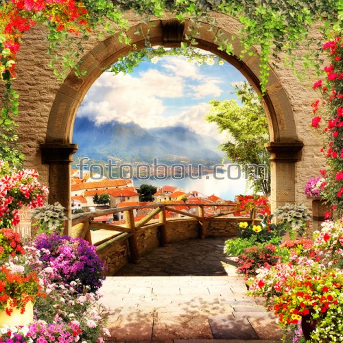 арка, цветы, спуск, море, город, дома, горы