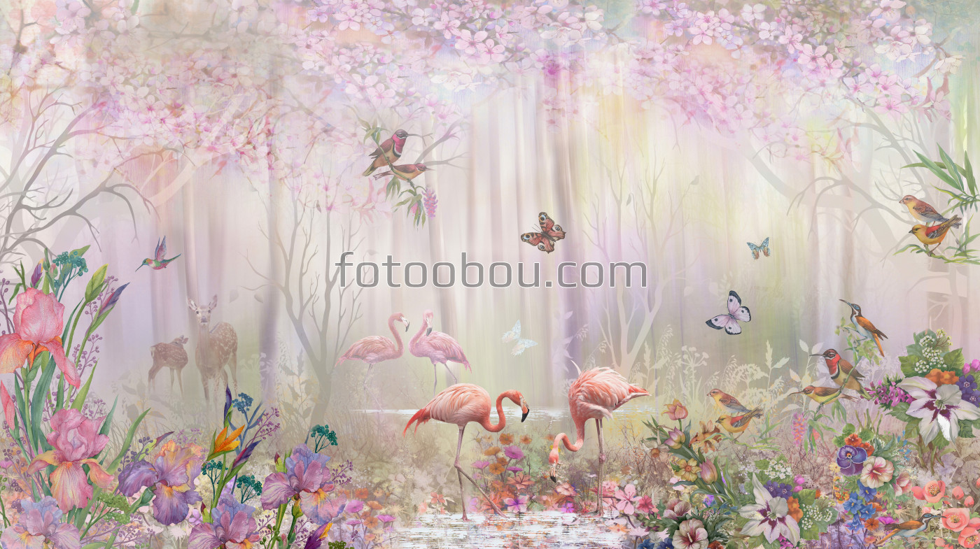 Нежный лес с фламинго